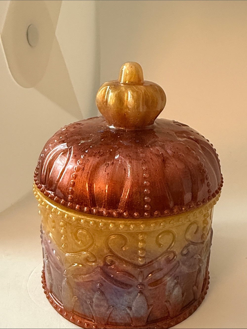 Handmade ResinTrinket Jar in Amber and Gold-Toned Finish